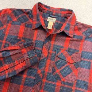 LL Bean Mens XL Tall Red Blue Plaid Wool Blend Snap Front Western Flannel Shirt